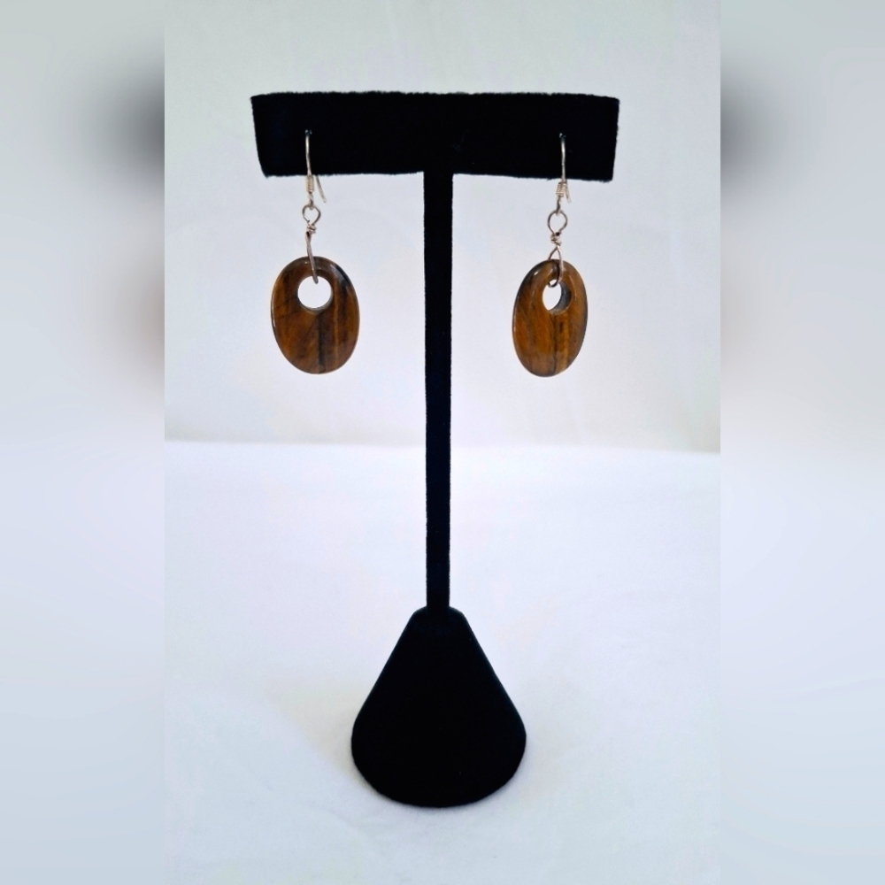 Vintage Sterling Silver & Tiger's Eye 1.5 Inch Dangle Earrings